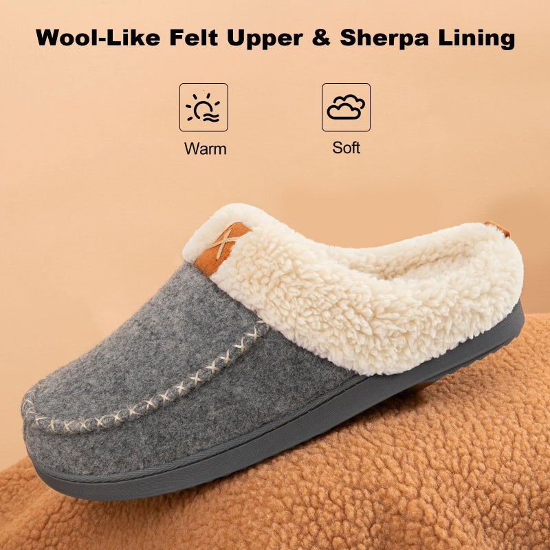 LongBay Womens Felt Sherpa Bedroom Slippers Warm Cozy Wool-Like Moccasin Slippers for Indoor Outdoor Winter Memory Foam House Shoes Slip-On with Fuzzy Plush Lining Grey,9-10 - Image 3